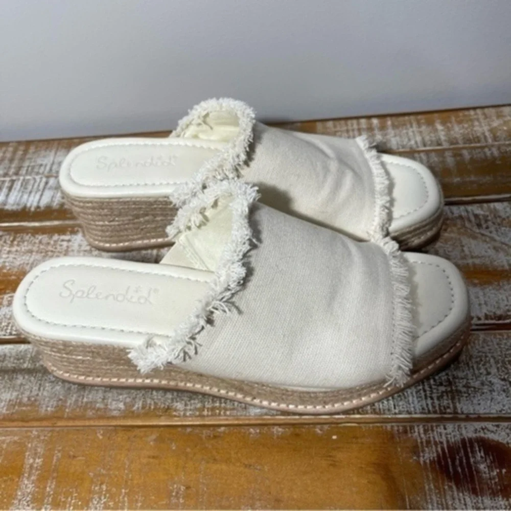 Splendid Women's Darla Frayed Edge Espadrille Wedge Heel Sandals Ivory Size 9